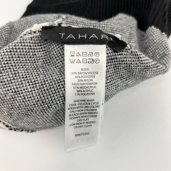 Tahari Women's Knit Ski Cap Geometric Design Fluffy Tassel - Picture 5 of 5